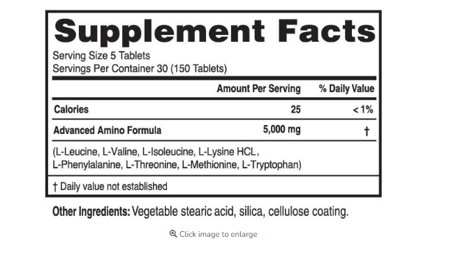 Advanced Amino Formula Supplement Facts: serving size 5 tablets, 5,000 milligrams per serving